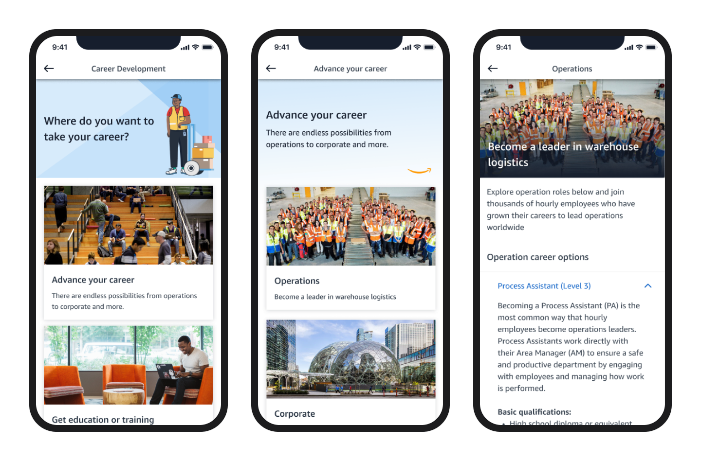 Three phone screens from A to Z Careers: the career hub, Advance your career, and Operations roles.