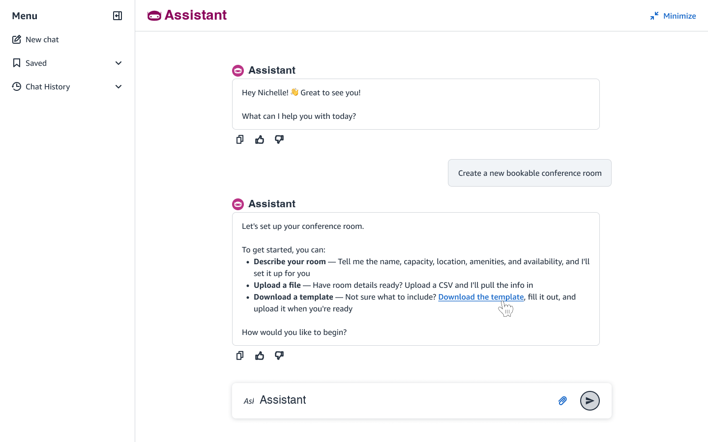 The assistant's entry point — describe a room, upload a file, or download a template.
